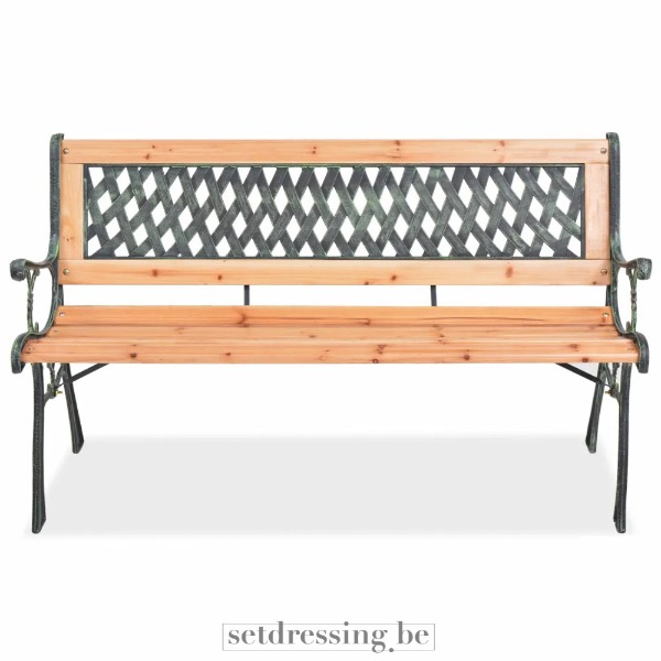 mooi Bungalow vonnis Houten tuinbank 122cm groen naturel rekwisieten verhuur setdressing.be