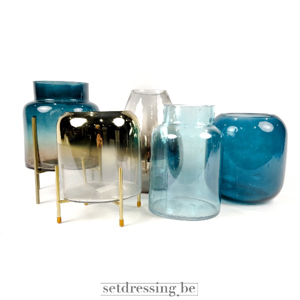 Set glazen vazen blauw/goud