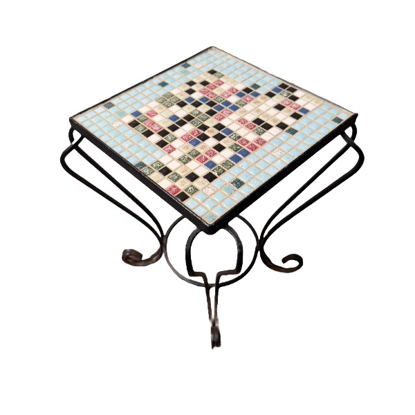Black steel side table with a decorative mosaic top 32cm black